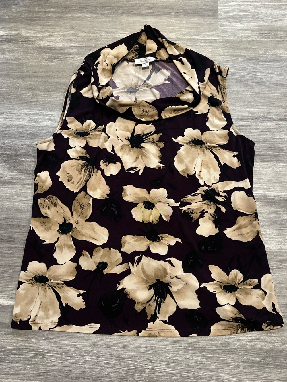 Tahari Sleeveless Floral Purple and Cream Cowl Neck Top Y2K Large
